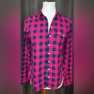 Hollister California Pink Navy Plaid Button Down Shirt Size Small Y2K Preppy